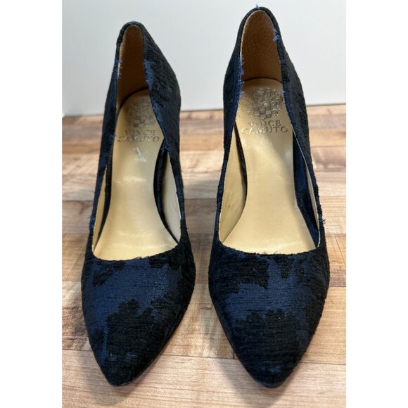 Vince Camuto Navy Floral Velvet Pointed Toe Block Heel Pumps 6M - Picture 3 of 6